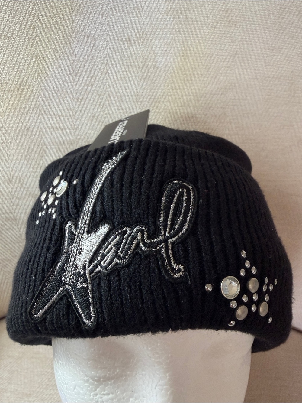 Karl Lagerfeld Black Embellished Knit Beanie with Script Star Accent